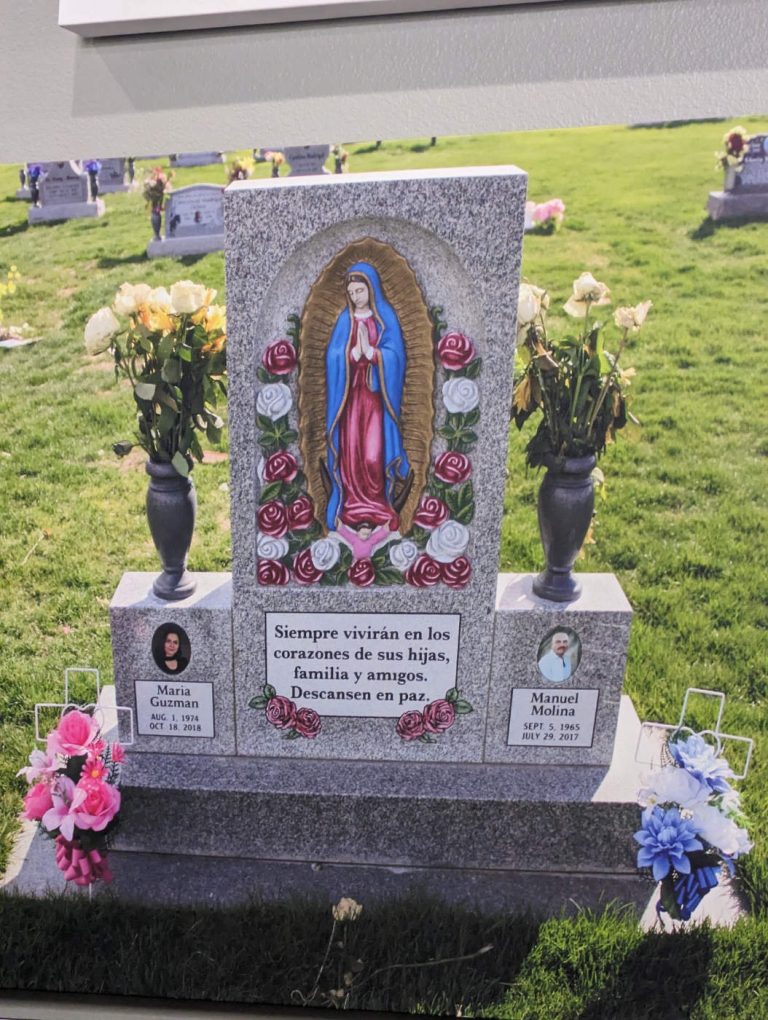 Custom Upright Granite Monument with Hand-Carved Our Lady of Guadalupe Centerpiece | Pacific Coast Memorials