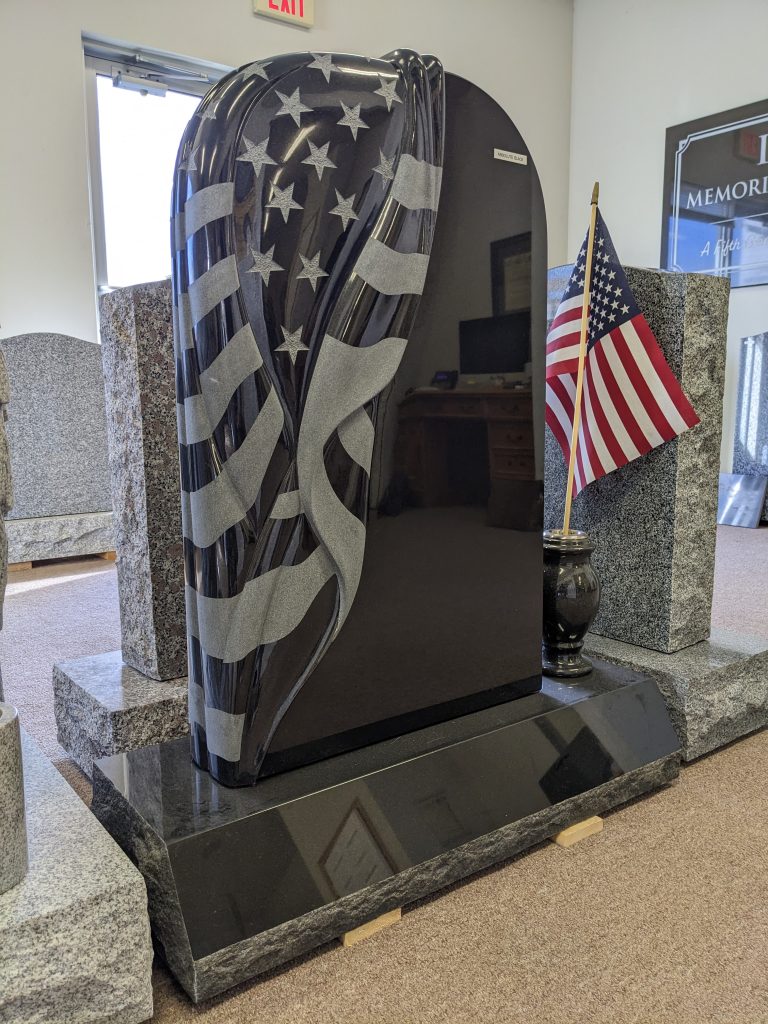 Draped American Flag Headstone Absolute Black Monument
