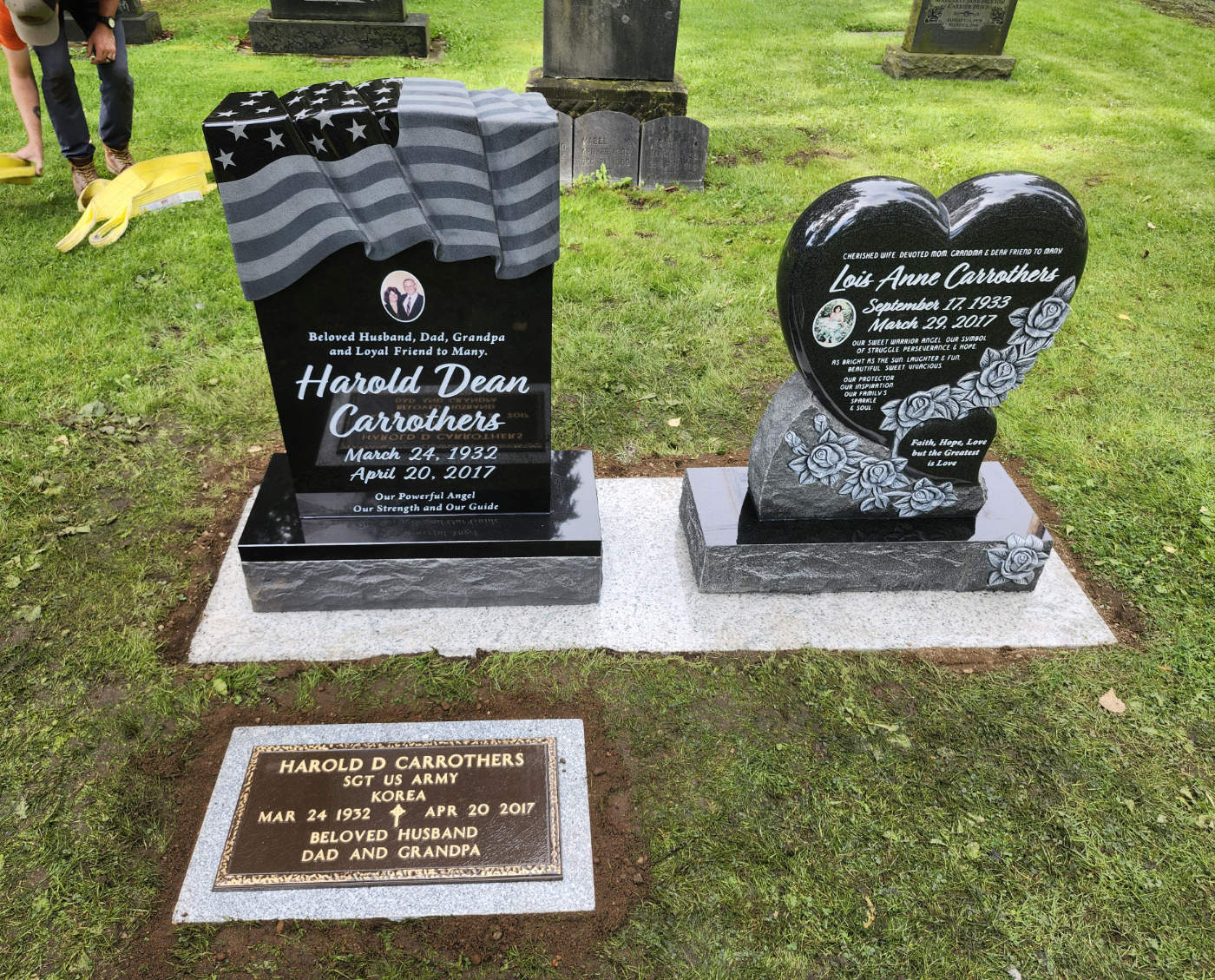 Custom Flag Draped upright and Flowered Heart Monuments