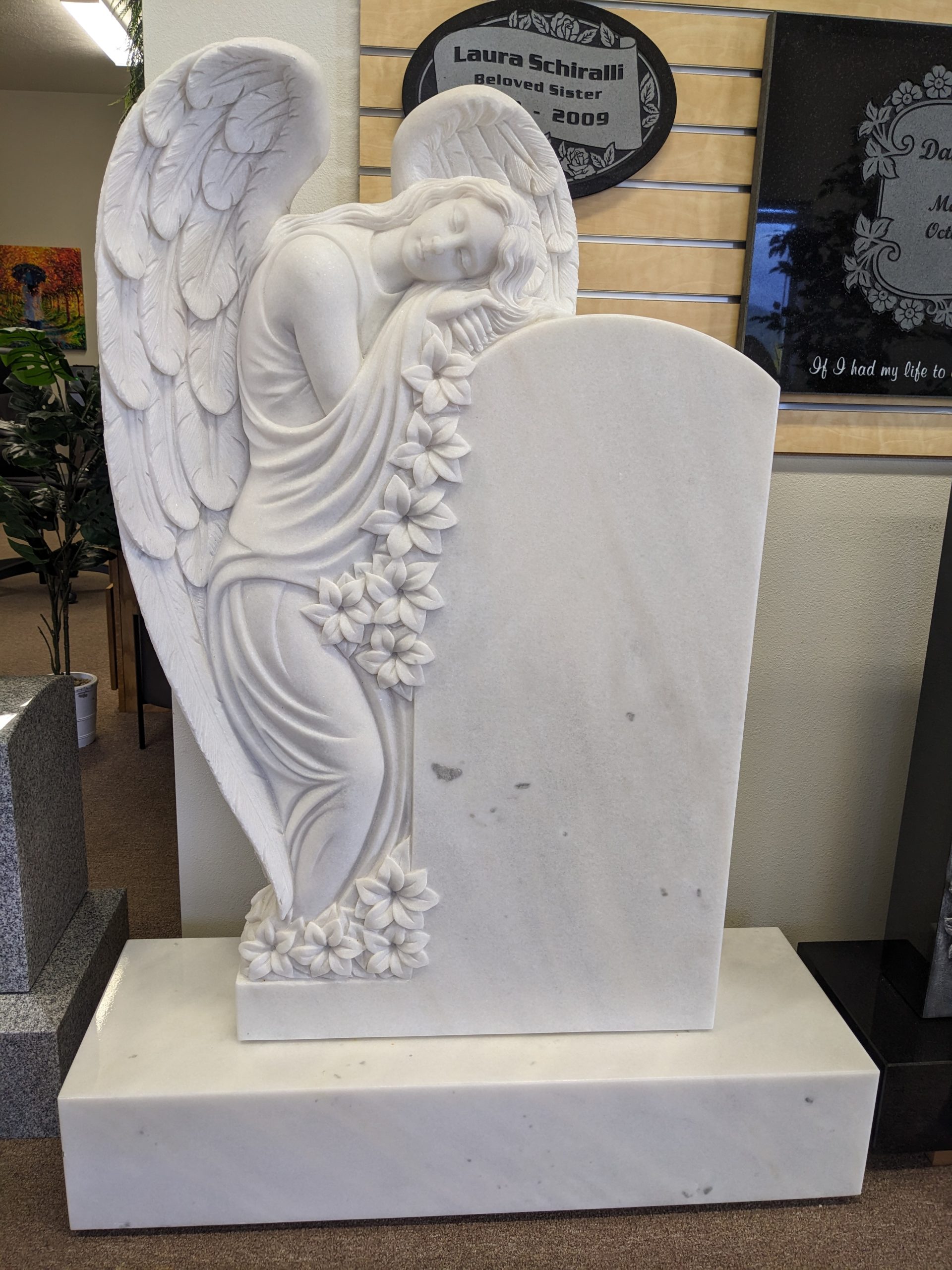 Sculpted Marble Angel Upright Monument